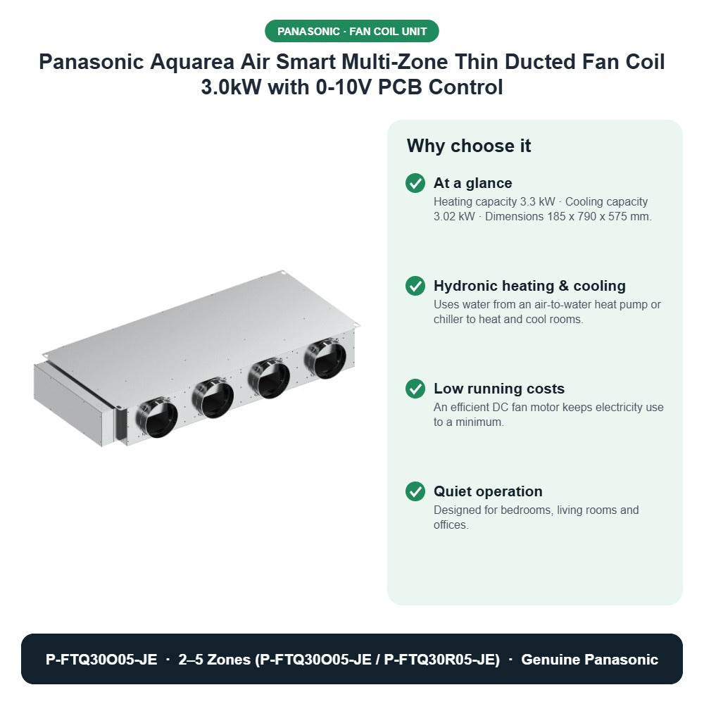 Panasonic Aquarea Air Smart Multi-Zone Thin Ducted Fan Coil 3.0kW with 0-10V PCB Control – P-FTQ30O05-JE key benefits