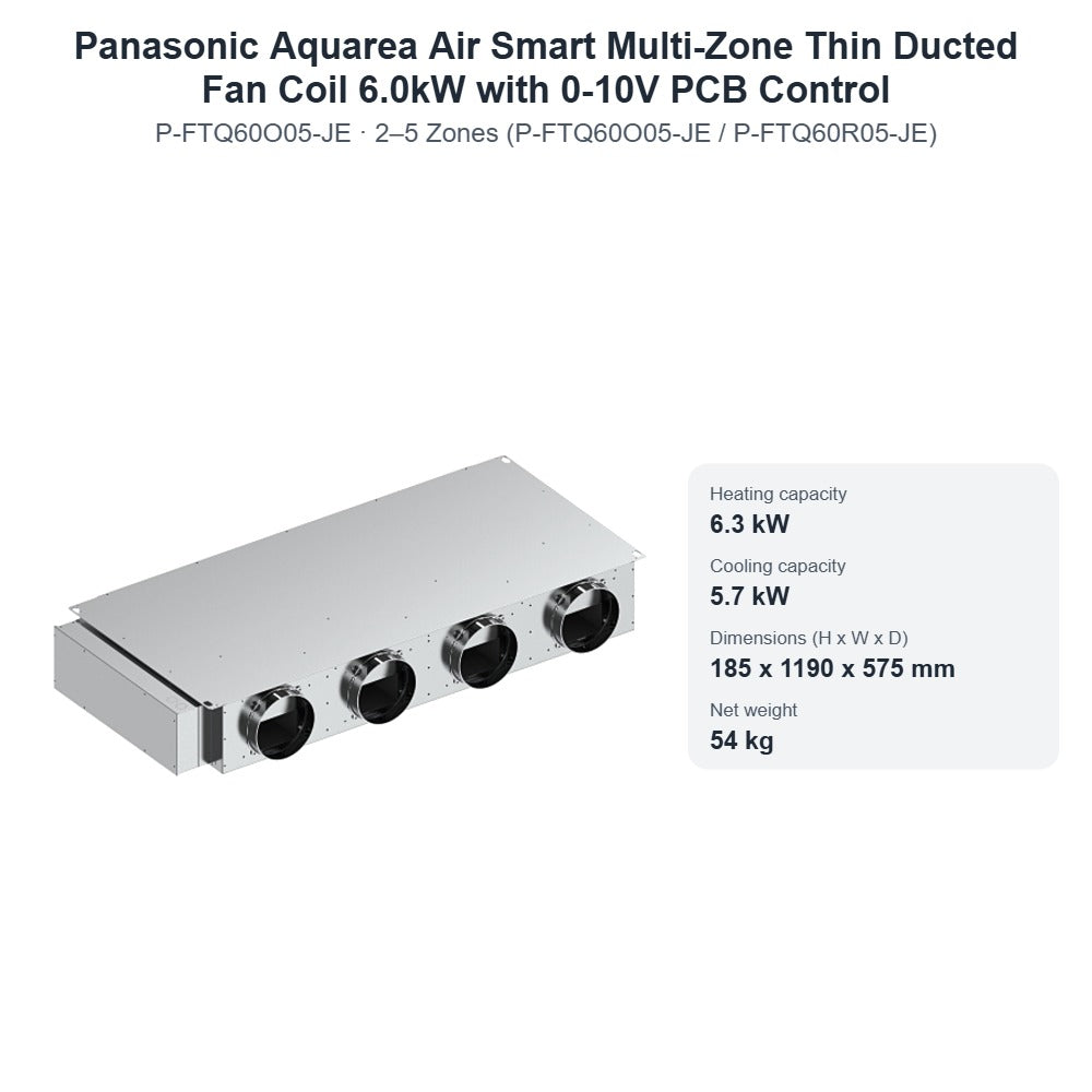Panasonic Aquarea Air Smart Multi-Zone Thin Ducted Fan Coil 6.0kW with 0-10V PCB Control – 2–5 Zones (P-FTQ60O05-JE / P-FTQ60R05-JE)