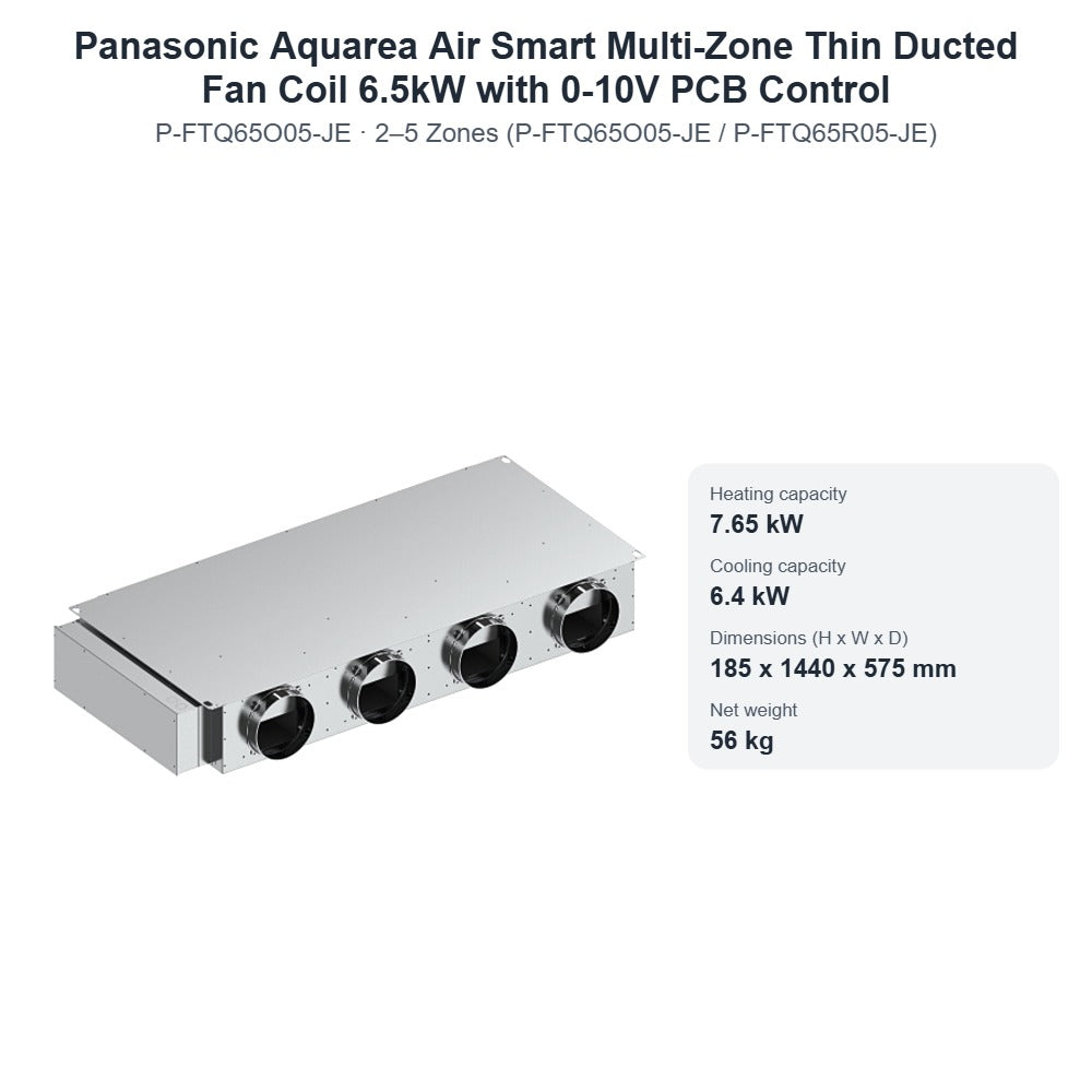 Panasonic Aquarea Air Smart Multi-Zone Thin Ducted Fan Coil 6.5kW with 0-10V PCB Control – 2–5 Zones (P-FTQ65O05-JE / P-FTQ65R05-JE)