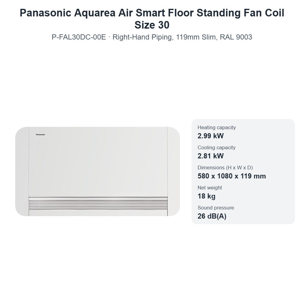 Panasonic Aquarea Air Smart P-FAL30DC-00E Floor Standing Fan Coil Size 30 – Right-Hand Piping, 119mm Slim, RAL 9003