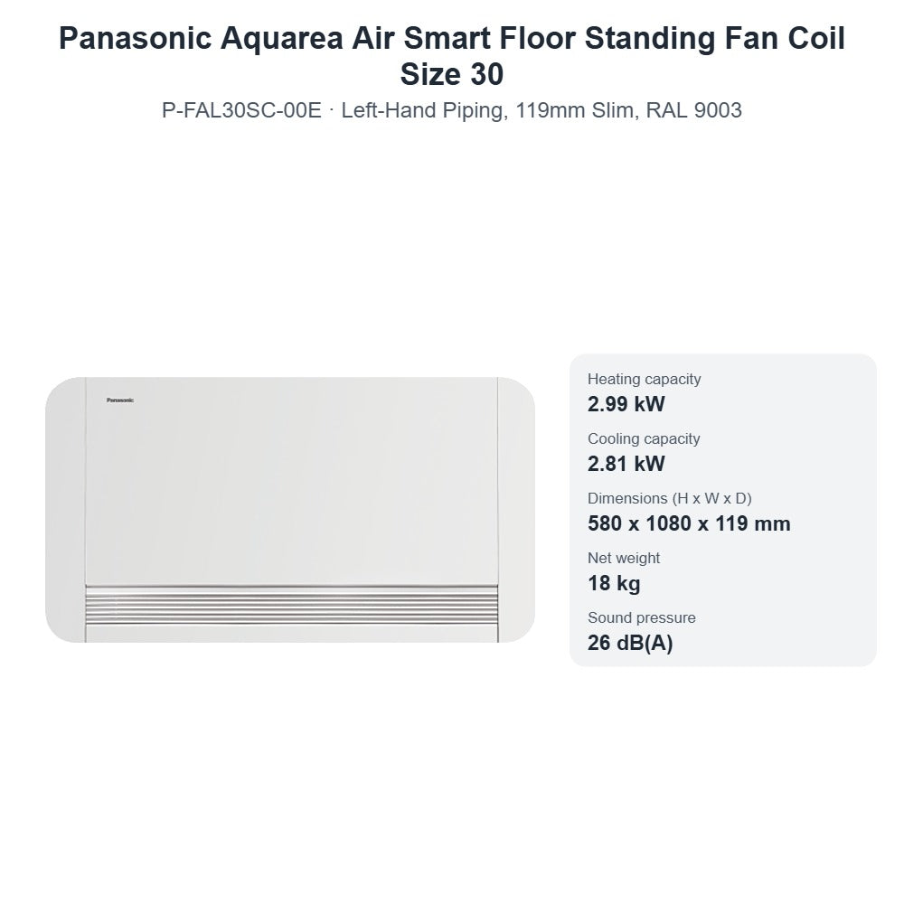 Panasonic Aquarea Air Smart P-FAL30SC-00E Floor Standing Fan Coil Size 30 – Left-Hand Piping, 119mm Slim, RAL 9003