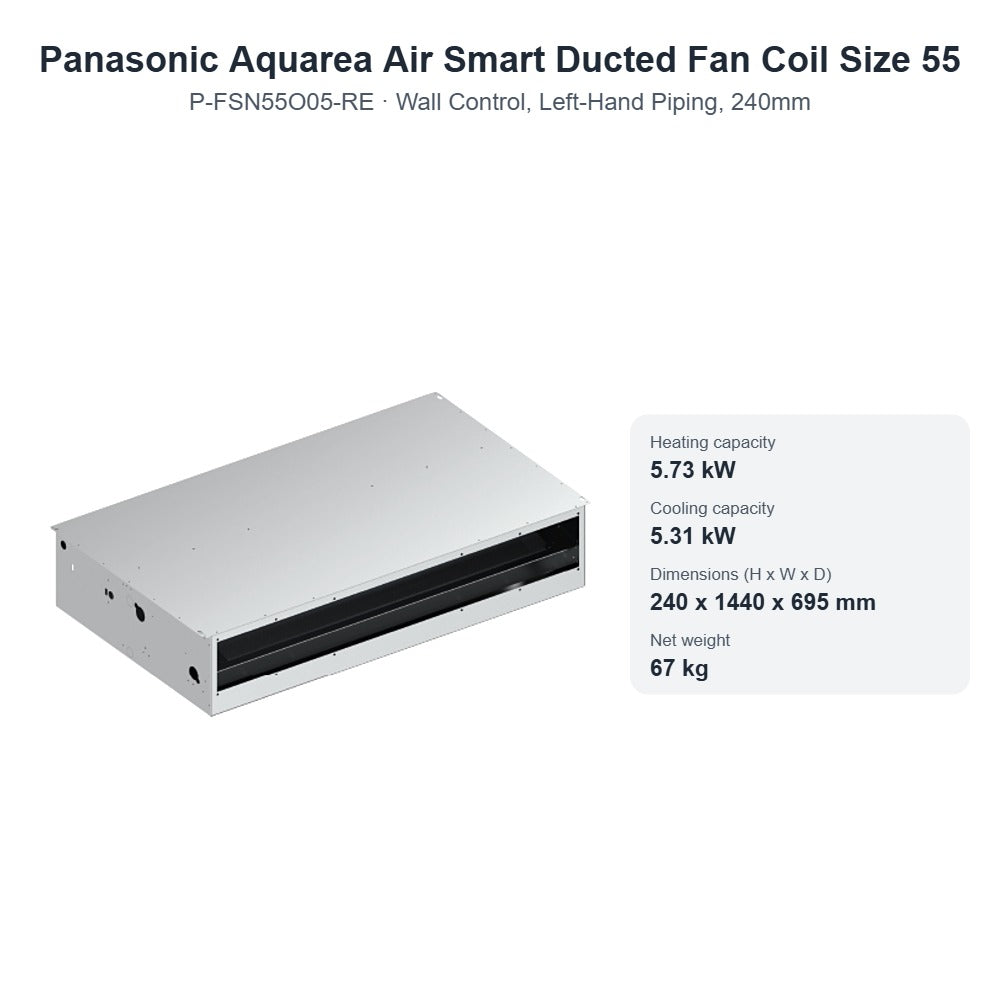 Panasonic Aquarea Air Smart P-FSN55O05-RE Ducted Fan Coil Size 55 – Wall Control, Left-Hand Piping, 240mm