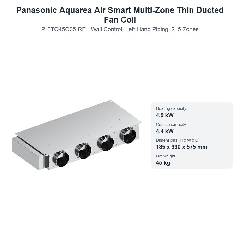 Panasonic Aquarea Air Smart P-FTQ45O05-RE Multi-Zone Thin Ducted Fan Coil – Wall Control, Left-Hand Piping, 2–5 Zones