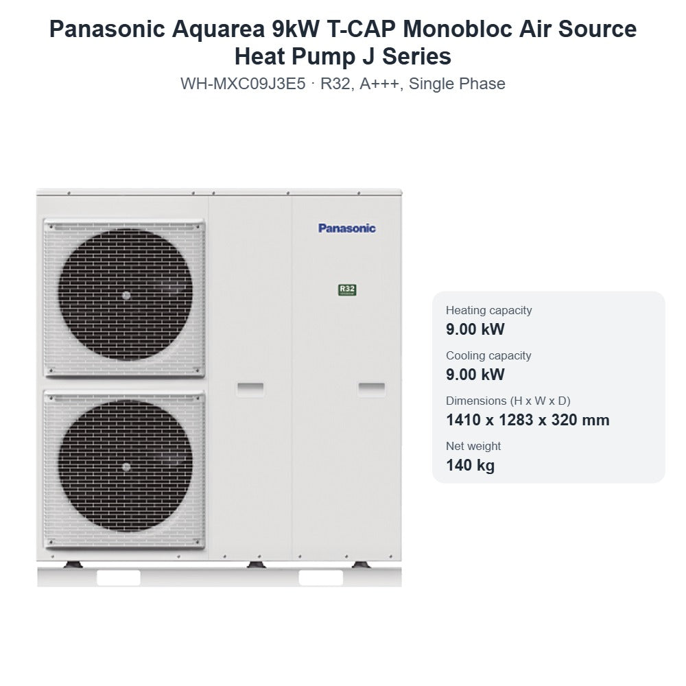 Panasonic Aquarea WH-MXC09J3E5 9kW T-CAP Monobloc Air Source Heat Pump J Series – R32, A+++, Single Phase