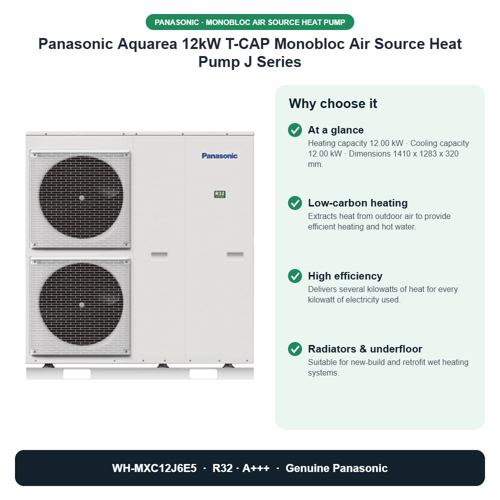Panasonic Aquarea 12kW T-CAP Monobloc Air Source Heat Pump J Series – WH-MXC12J6E5 key benefits