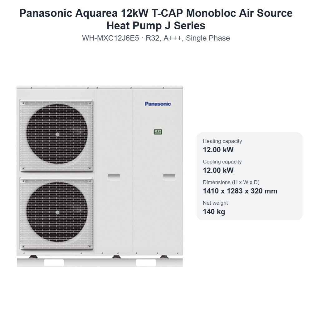 Panasonic Aquarea WH-MXC12J6E5 12kW T-CAP Monobloc Air Source Heat Pump J Series – R32, A+++, Single Phase