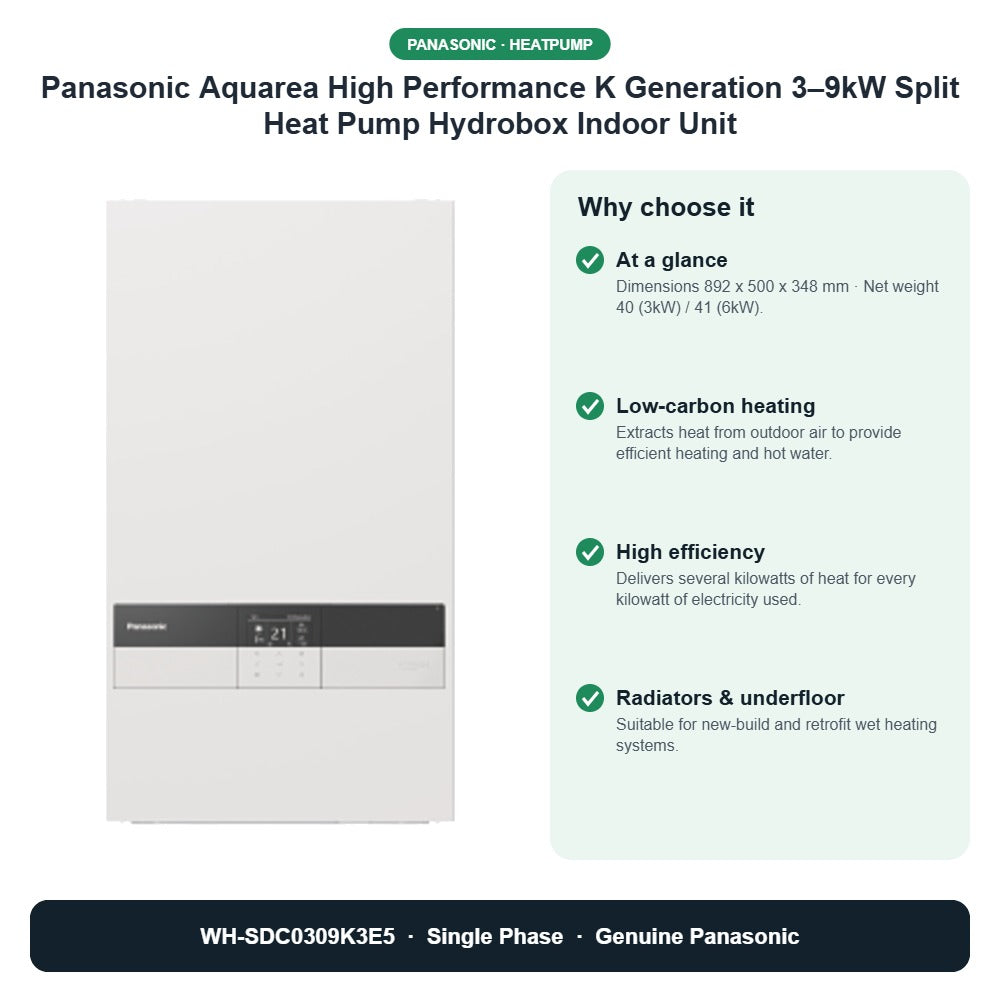 Panasonic Aquarea High Performance K Generation 3–9kW Split Heat Pump Hydrobox Indoor Unit – WH-SDC0309K3E5 key benefits