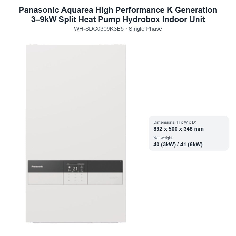 Panasonic Aquarea WH-SDC0309K3E5 High Performance K Generation 3–9kW Split Heat Pump Hydrobox Indoor Unit – Single Phase