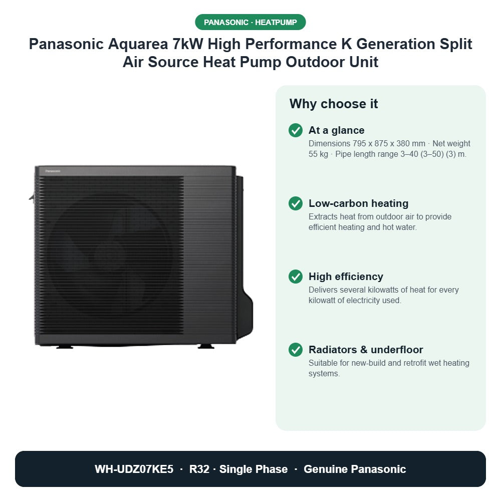 Panasonic Aquarea 7kW High Performance K Generation Split Air Source Heat Pump Outdoor Unit – WH-UDZ07KE5 key benefits