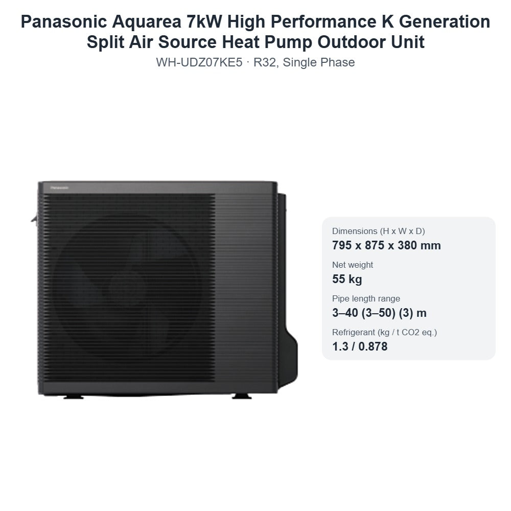 Panasonic Aquarea WH-UDZ07KE5 7kW High Performance K Generation Split Air Source Heat Pump Outdoor Unit – R32, Single Phase