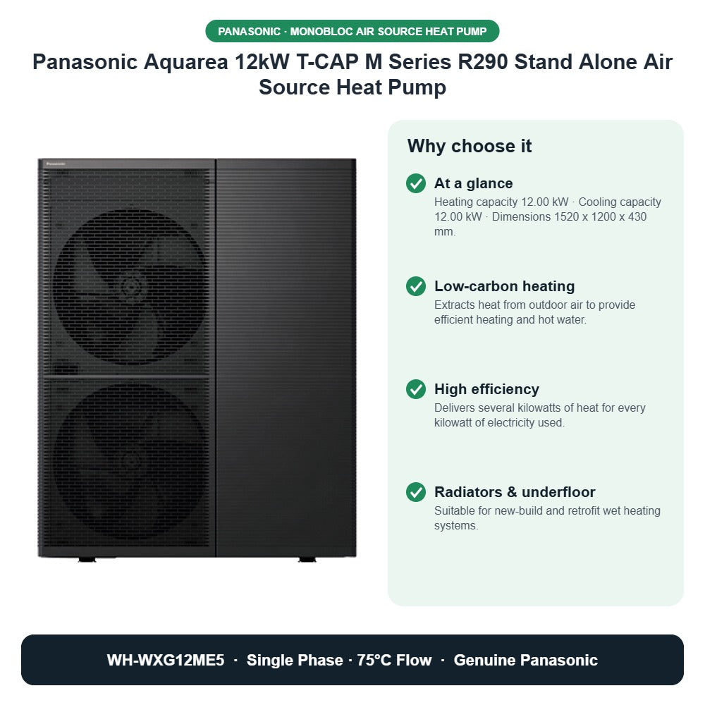 Panasonic Aquarea 12kW T-CAP M Series R290 Stand Alone Air Source Heat Pump – WH-WXG12ME5 key benefits