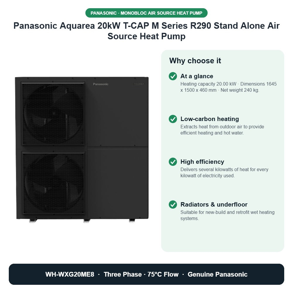 Panasonic Aquarea 20kW T-CAP M Series R290 Stand Alone Air Source Heat Pump – WH-WXG20ME8 key benefits