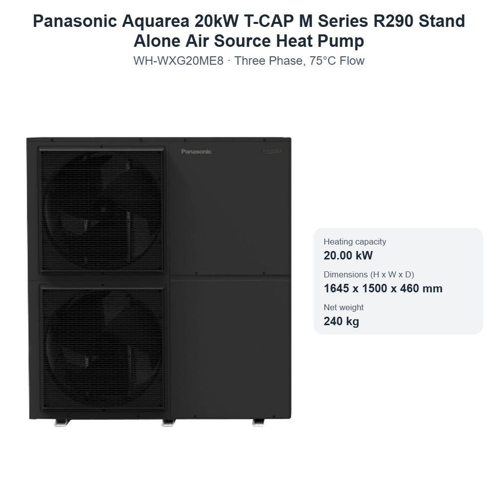 Panasonic Aquarea WH-WXG20ME8 20kW T-CAP M Series R290 Stand Alone Air Source Heat Pump – Three Phase, 75°C Flow