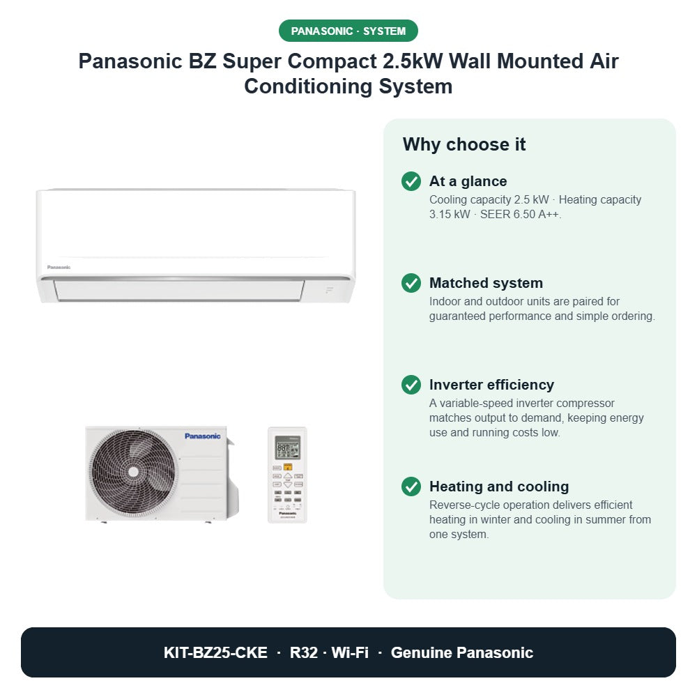 Panasonic BZ Super Compact 2.5kW Wall Mounted Air Conditioning System – KIT-BZ25-CKE key benefits