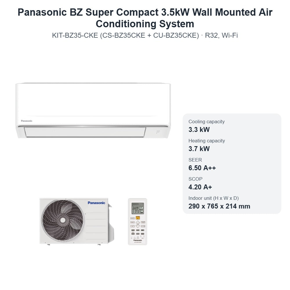 Panasonic BZ Super Compact 3.5kW Wall Mounted Air Conditioning System CS-BZ35CKE + CU-BZ35CKE – R32, Wi-Fi