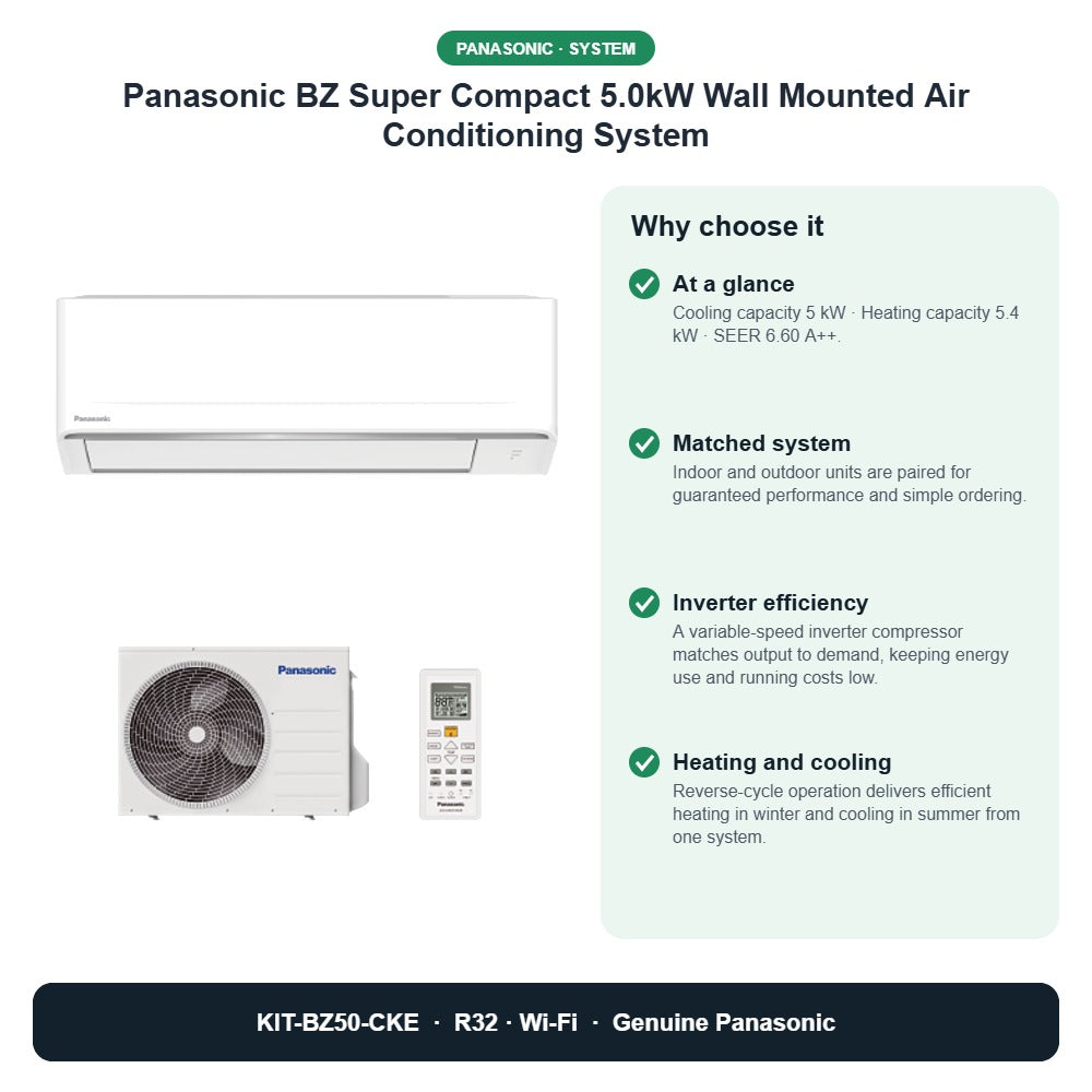 Panasonic BZ Super Compact 5.0kW Wall Mounted Air Conditioning System – KIT-BZ50-CKE key benefits