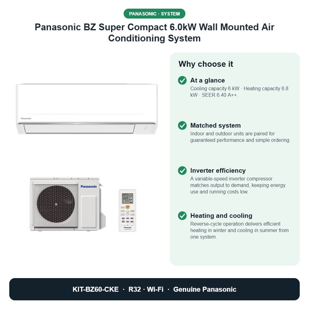 Panasonic BZ Super Compact 6.0kW Wall Mounted Air Conditioning System – KIT-BZ60-CKE key benefits