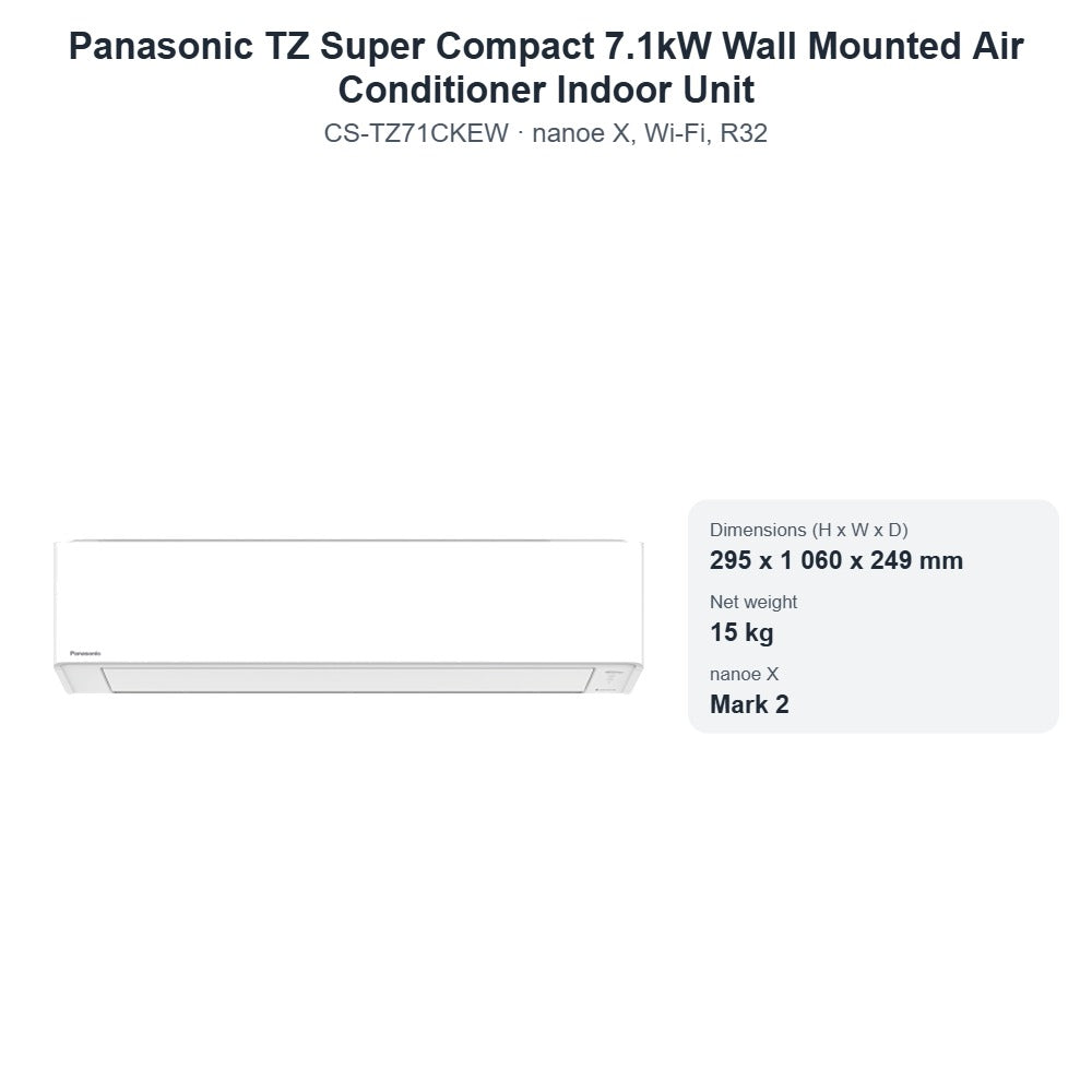 Panasonic CS-TZ71CKEW TZ Super Compact 7.1kW Wall Mounted Air Conditioner Indoor Unit – nanoe X, Wi-Fi, R32