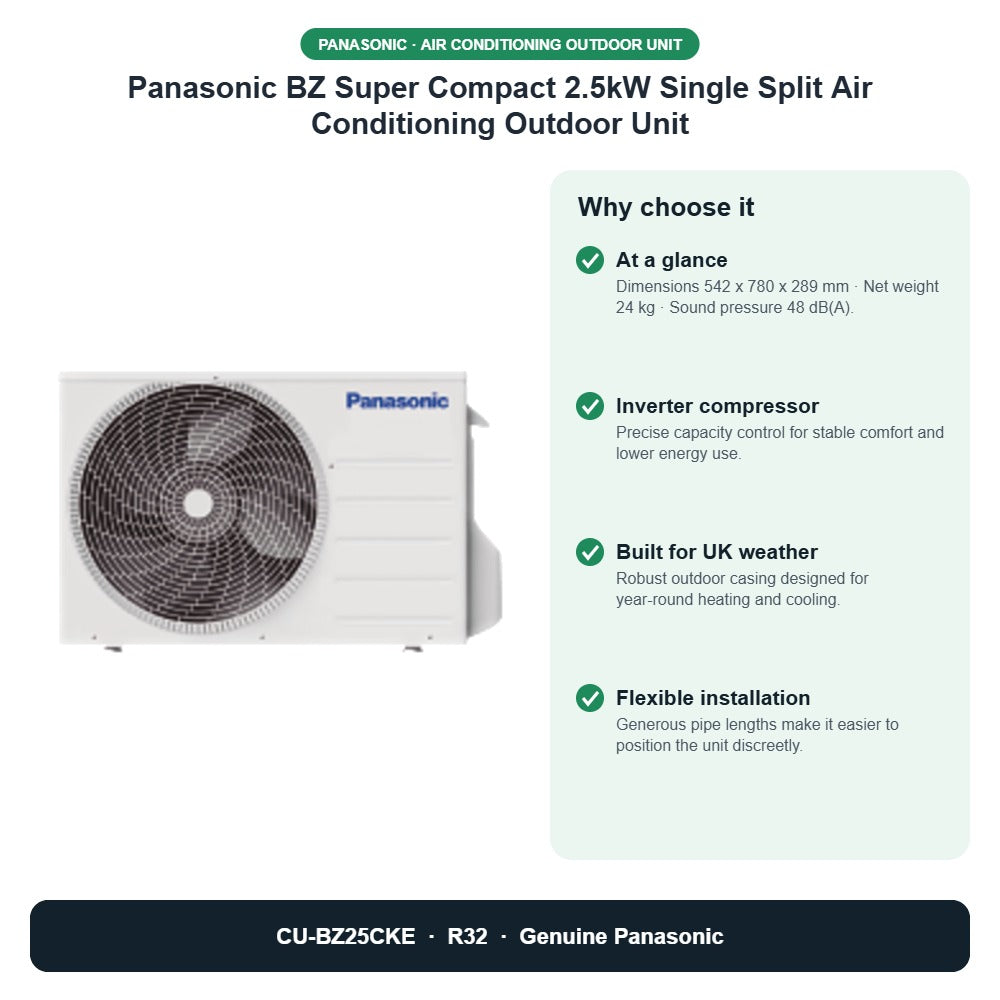 Panasonic BZ Super Compact 2.5kW Single Split Air Conditioning Outdoor Unit – CU-BZ25CKE key benefits
