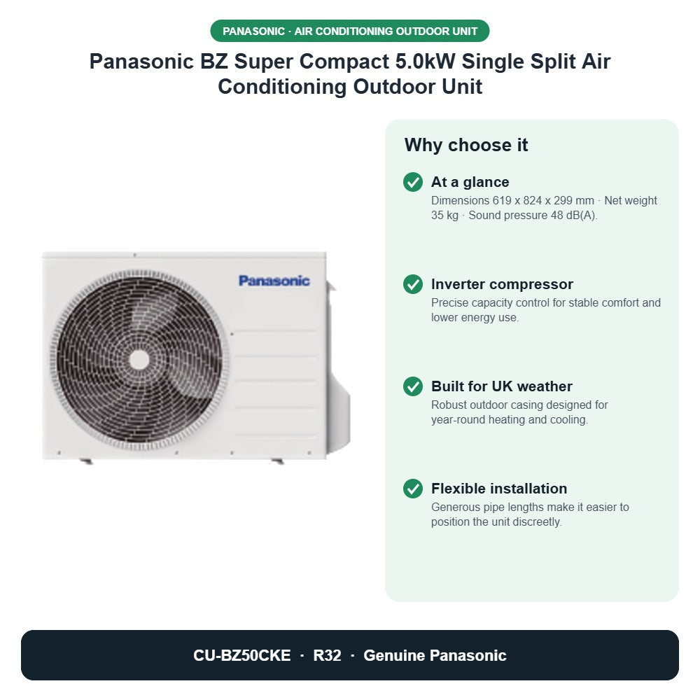 Panasonic BZ Super Compact 5.0kW Single Split Air Conditioning Outdoor Unit – CU-BZ50CKE key benefits