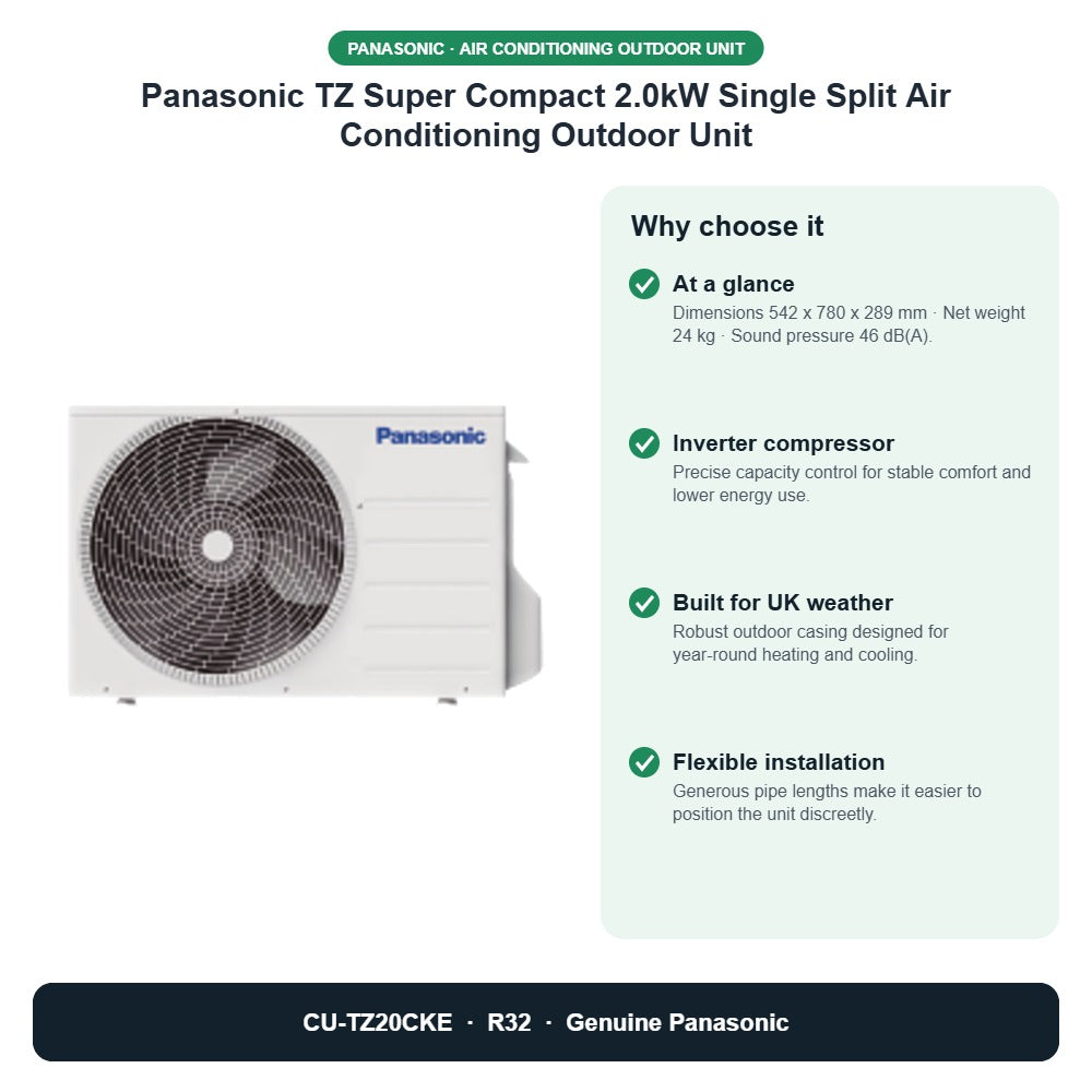 Panasonic TZ Super Compact 2.0kW Single Split Air Conditioning Outdoor Unit – CU-TZ20CKE key benefits