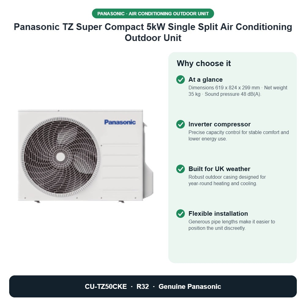 Panasonic TZ Super Compact 5kW Single Split Air Conditioning Outdoor Unit – CU-TZ50CKE key benefits