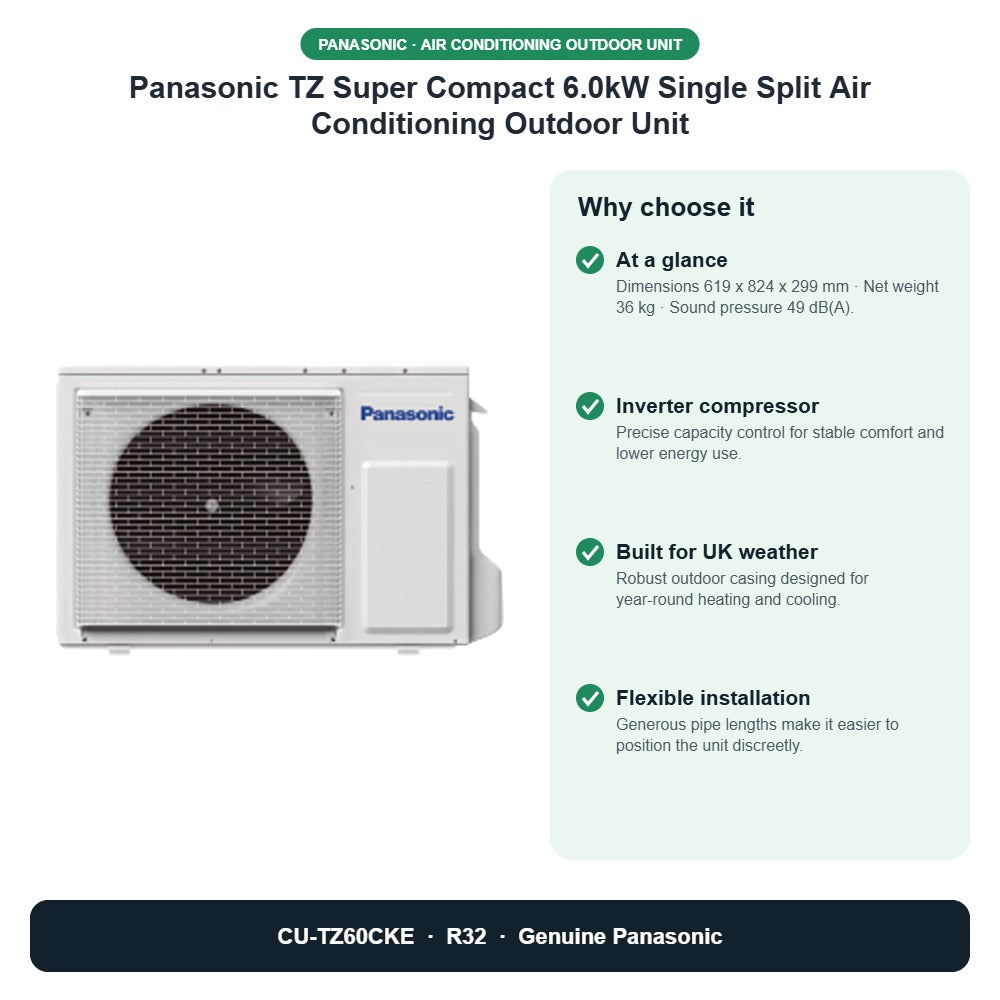 Panasonic TZ Super Compact 6.0kW Single Split Air Conditioning Outdoor Unit – CU-TZ60CKE key benefits