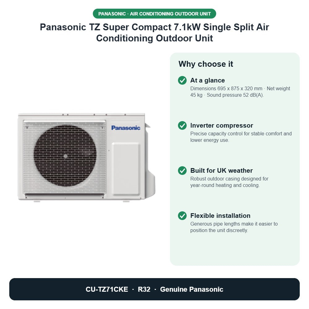 Panasonic TZ Super Compact 7.1kW Single Split Air Conditioning Outdoor Unit – CU-TZ71CKE key benefits