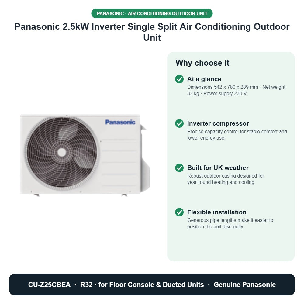 Panasonic 2.5kW Inverter Single Split Air Conditioning Outdoor Unit – CU-Z25CBEA key benefits