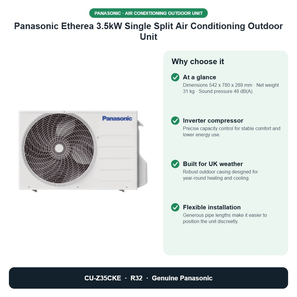 Panasonic Etherea 3.5kW Single Split Air Conditioning Outdoor Unit – CU-Z35CKE key benefits