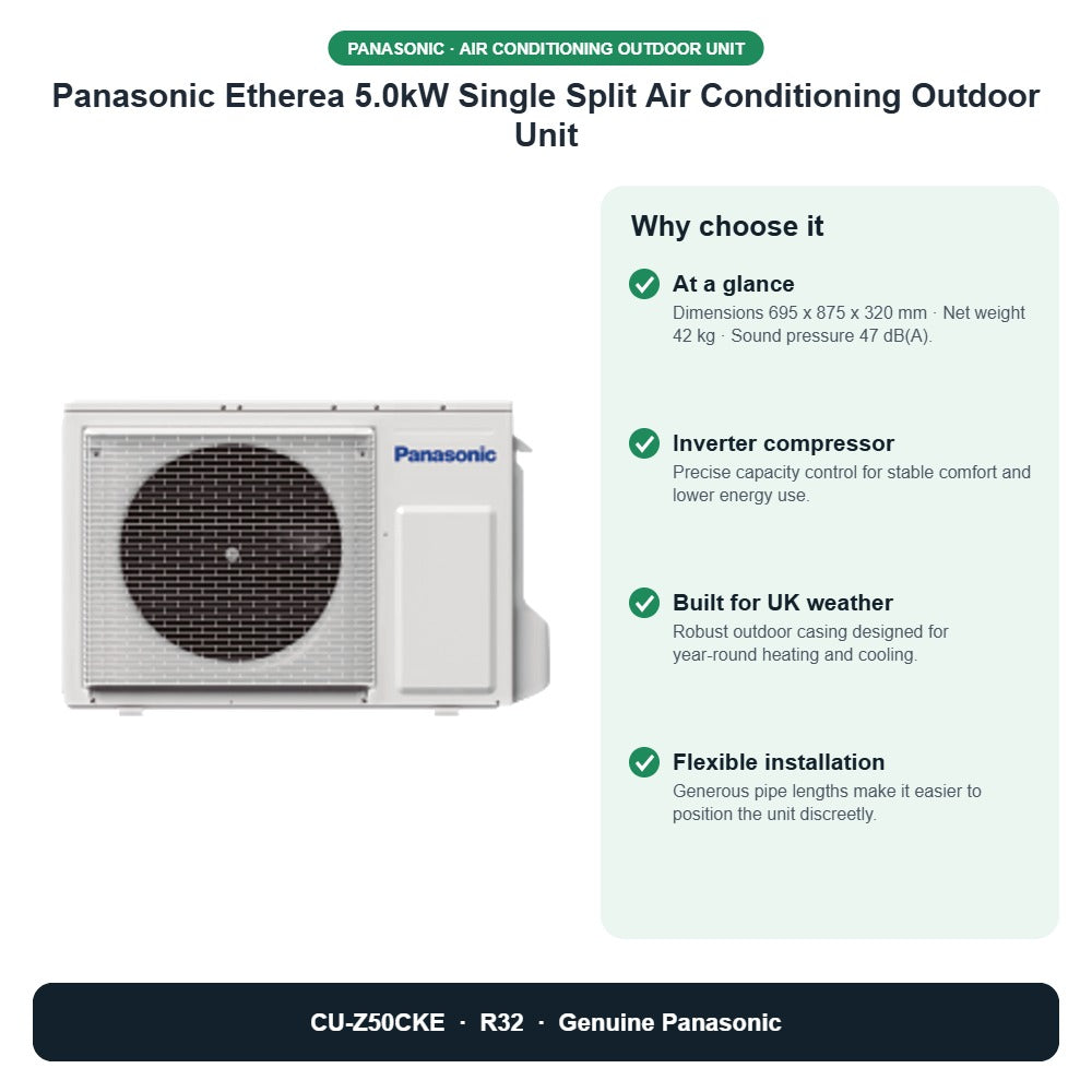 Panasonic Etherea 5.0kW Single Split Air Conditioning Outdoor Unit – CU-Z50CKE key benefits