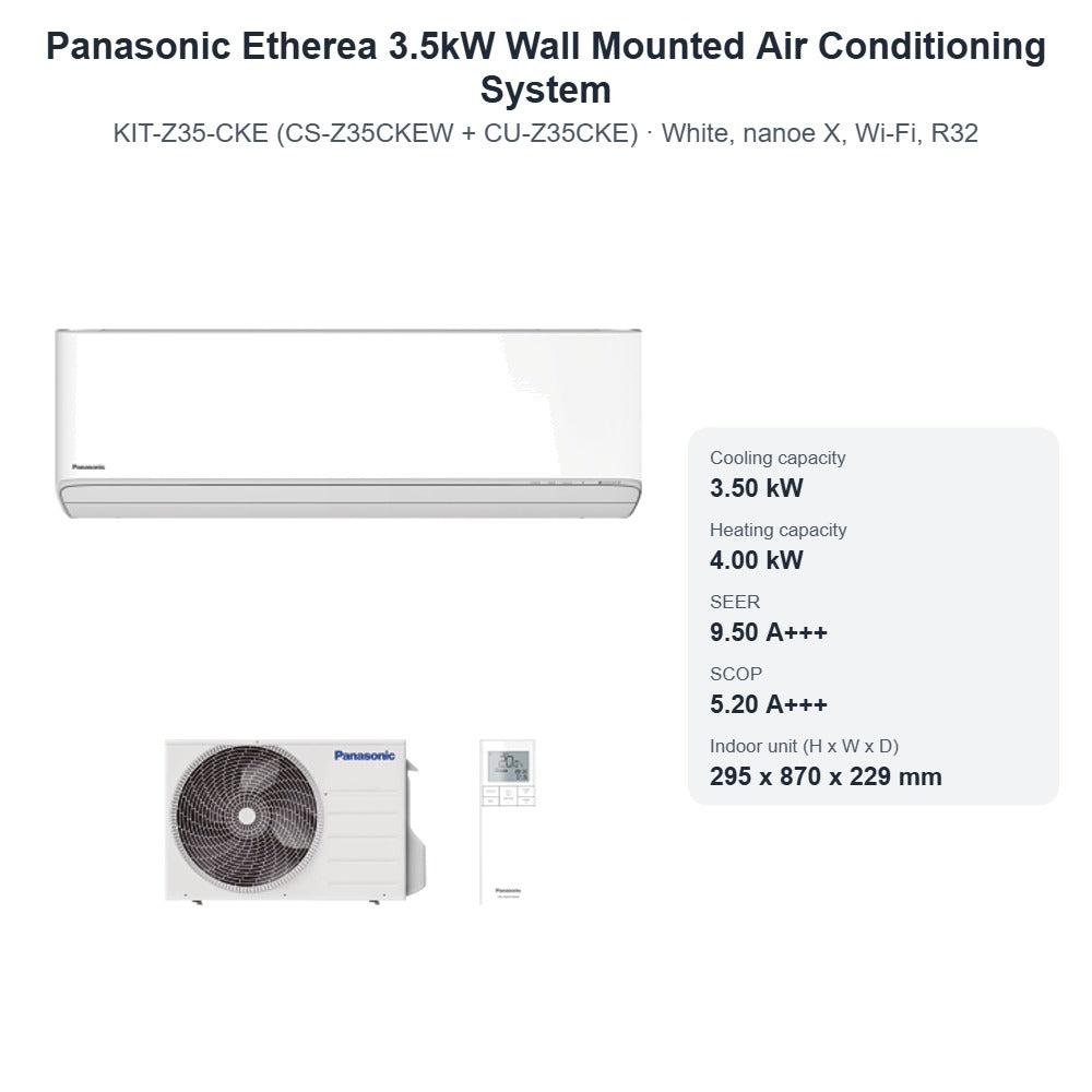 Panasonic Etherea 3.5kW Wall Mounted Air Conditioning System CS-Z35CKEW + CU-Z35CKE – White, nanoe X, Wi-Fi, R32