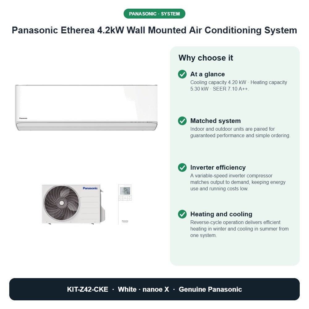 Panasonic Etherea 4.2kW Wall Mounted Air Conditioning System – KIT-Z42-CKE key benefits