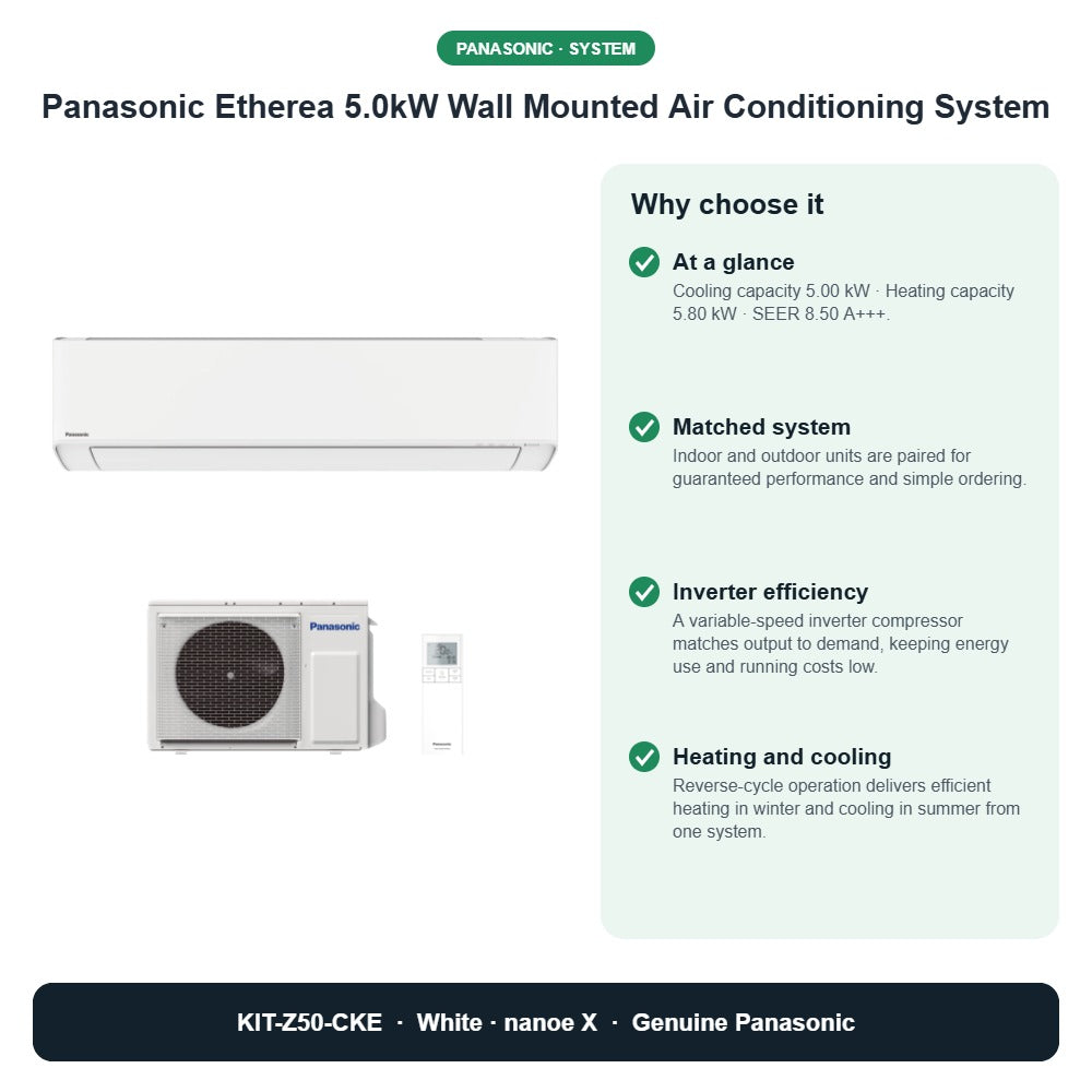 Panasonic Etherea 5.0kW Wall Mounted Air Conditioning System – KIT-Z50-CKE key benefits