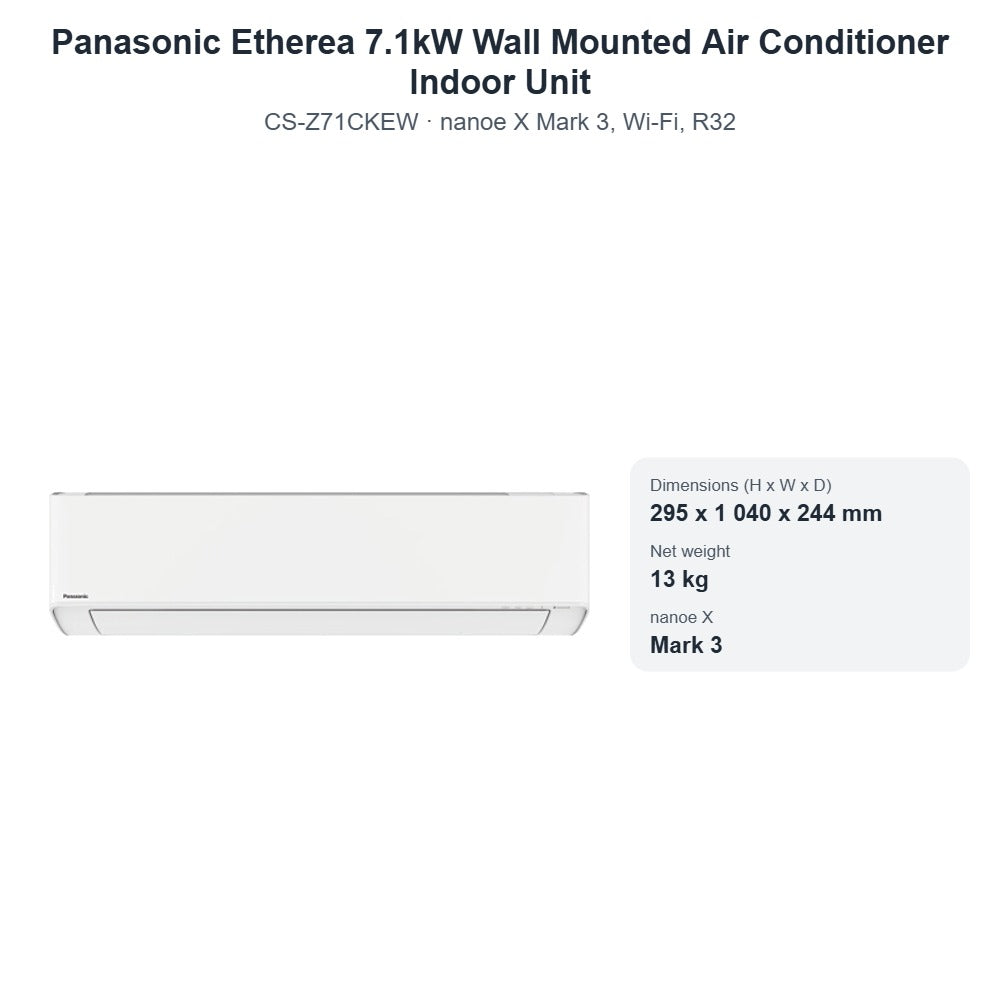 Panasonic Etherea 7.1kW Wall Mounted Air Conditioner Indoor Unit CS-Z71CKEW – nanoe X Mark 3, Wi-Fi, R32