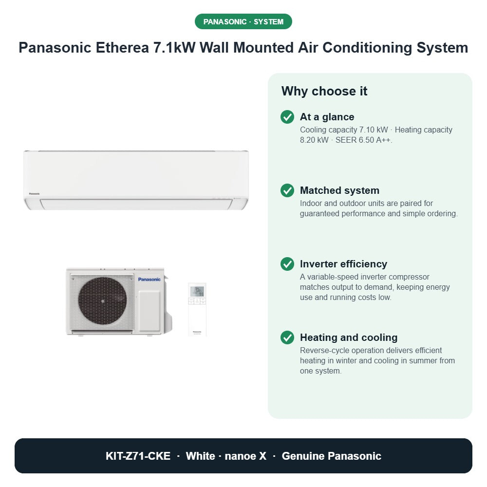 Panasonic Etherea 7.1kW Wall Mounted Air Conditioning System – KIT-Z71-CKE key benefits