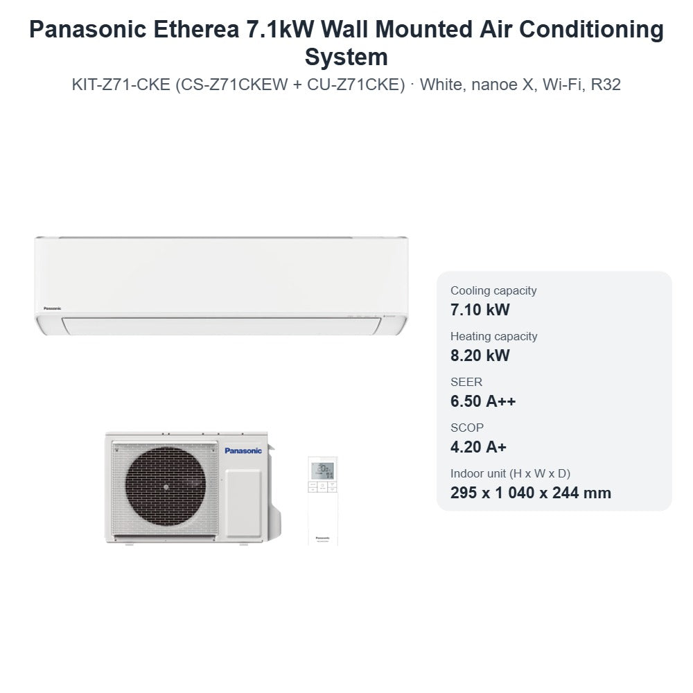 Panasonic Etherea 7.1kW Wall Mounted Air Conditioning System CS-Z71CKEW + CU-Z71CKE – White, nanoe X, Wi-Fi, R32
