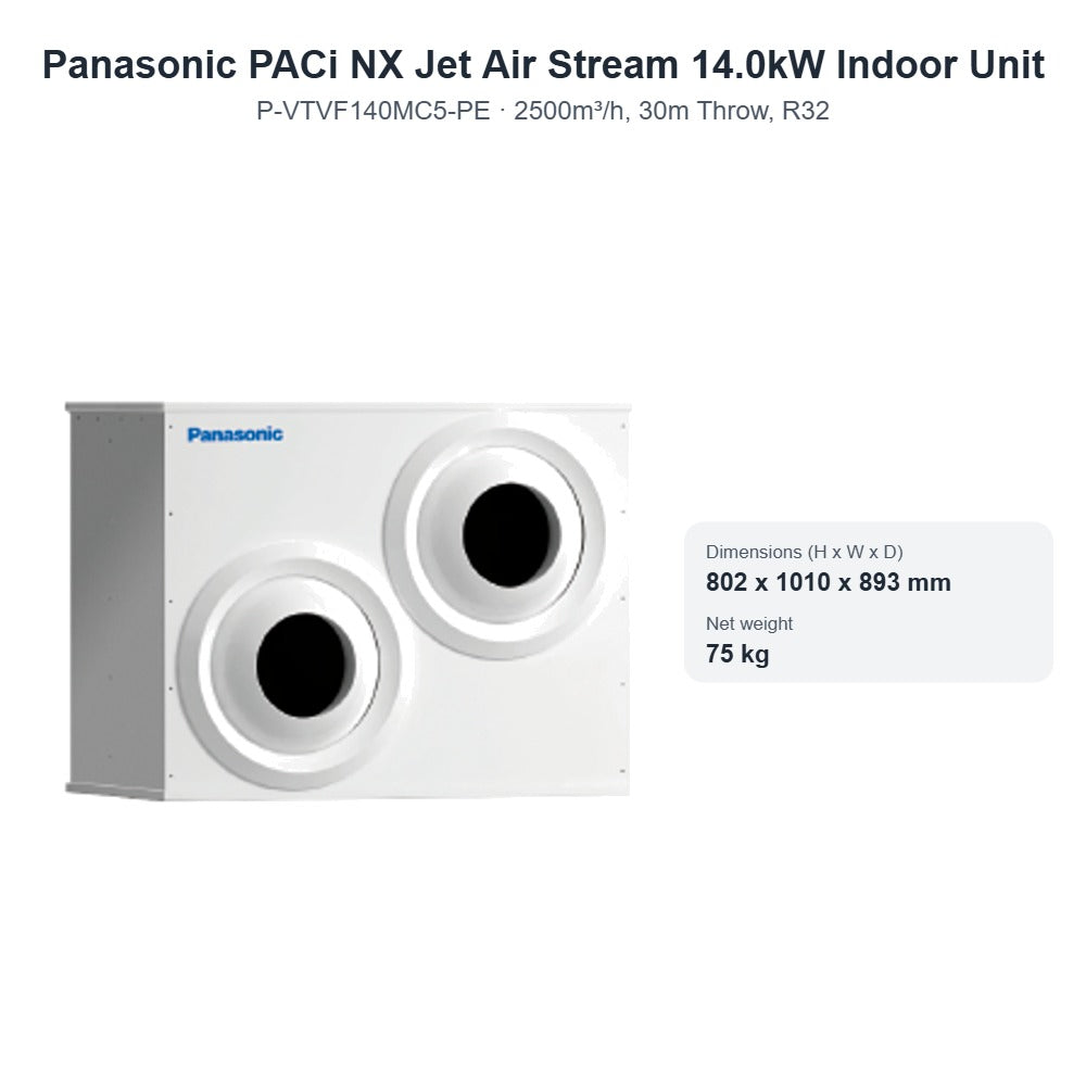 Panasonic PACi NX Jet Air Stream 14.0kW Indoor Unit P-VTVF140MC5-PE – 2500m³/h, 30m Throw, R32