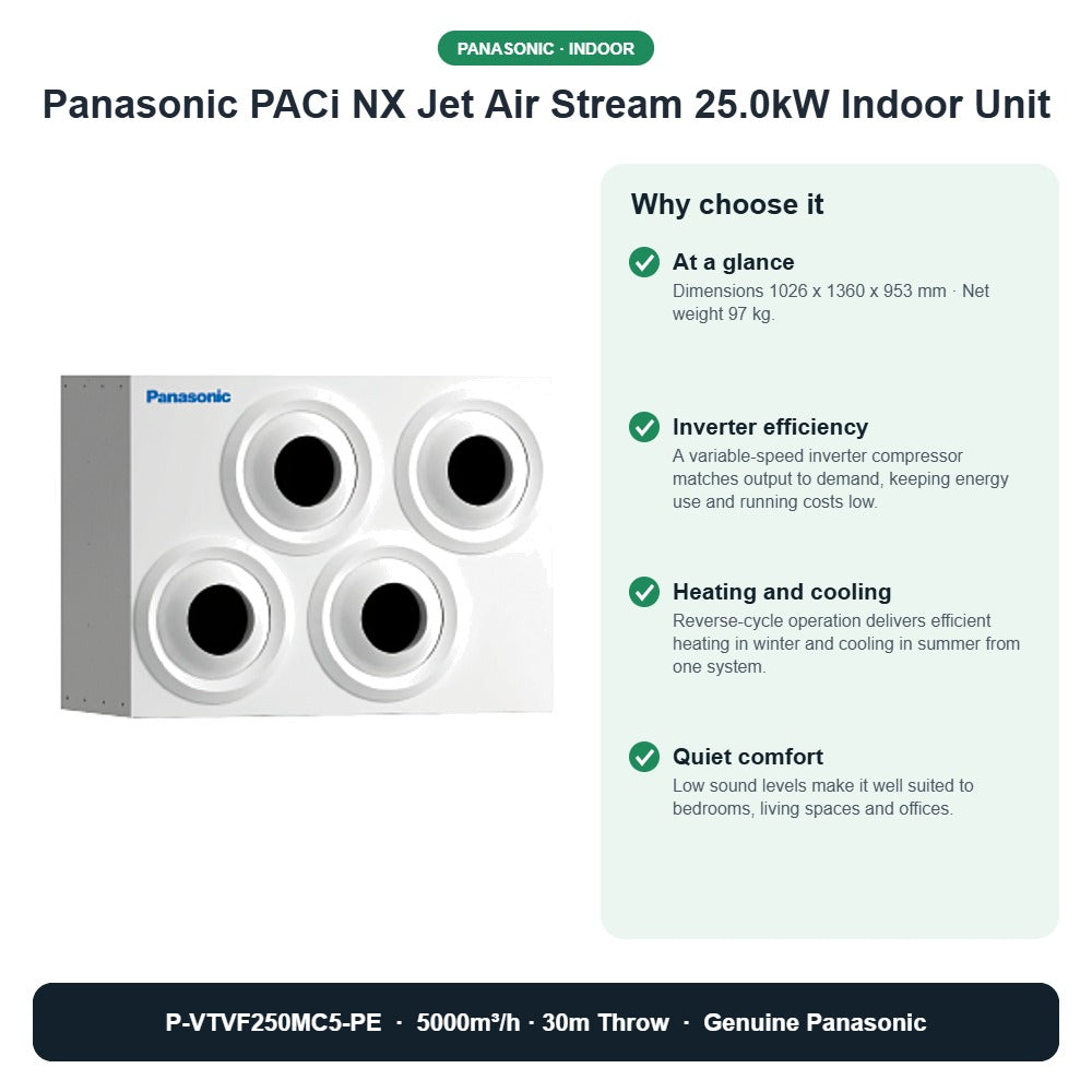Panasonic PACi NX Jet Air Stream 25.0kW Indoor Unit – P-VTVF250MC5-PE key benefits