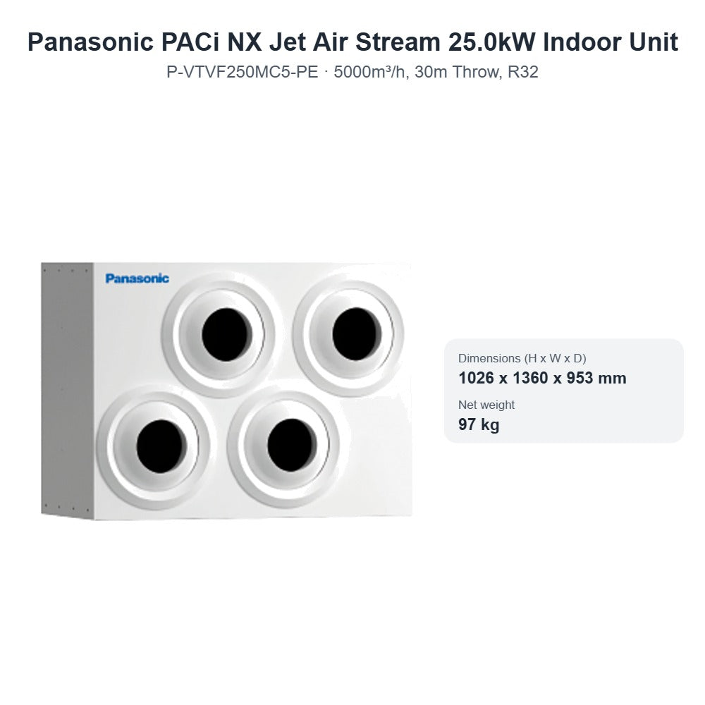 Panasonic PACi NX Jet Air Stream 25.0kW Indoor Unit P-VTVF250MC5-PE – 5000m³/h, 30m Throw, R32