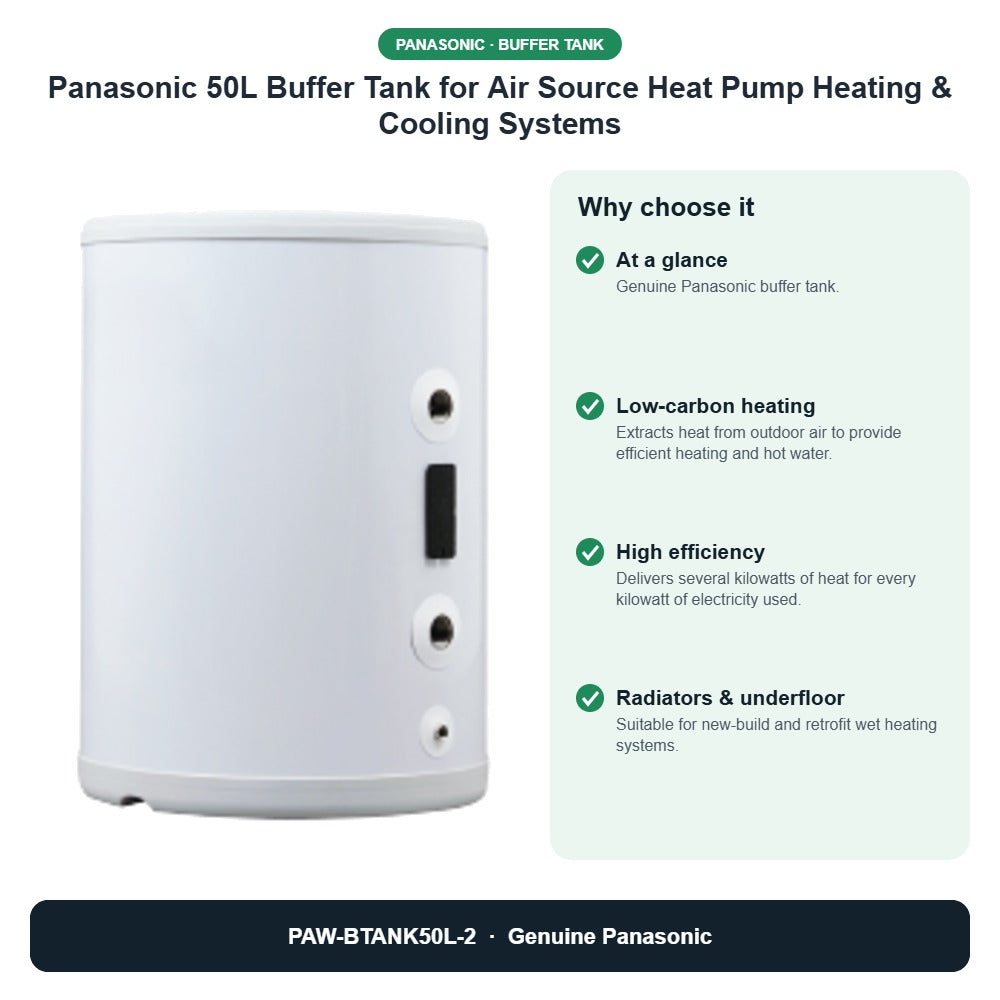 Panasonic 50L Buffer Tank for Air Source Heat Pump Heating & Cooling Systems – PAW-BTANK50L-2 key benefits