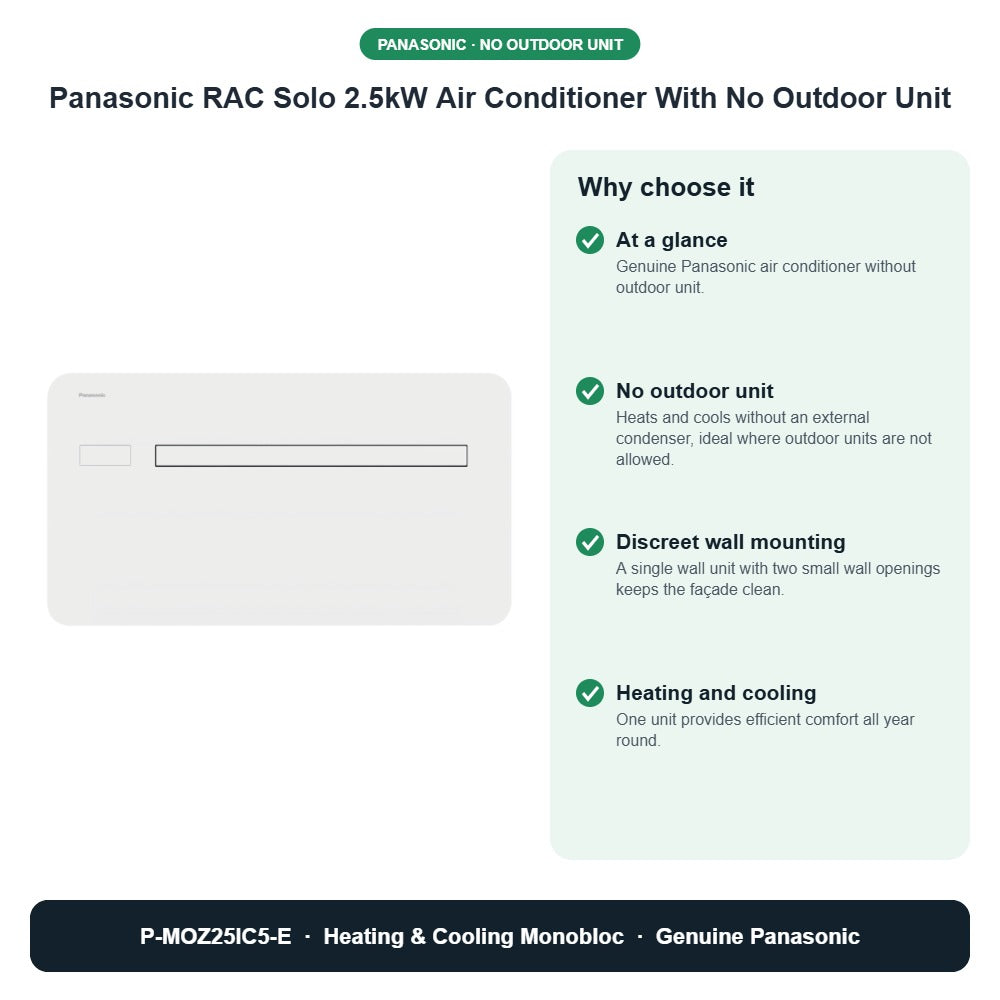 Panasonic RAC Solo 2.5kW Air Conditioner With No Outdoor Unit – P-MOZ25IC5-E key benefits