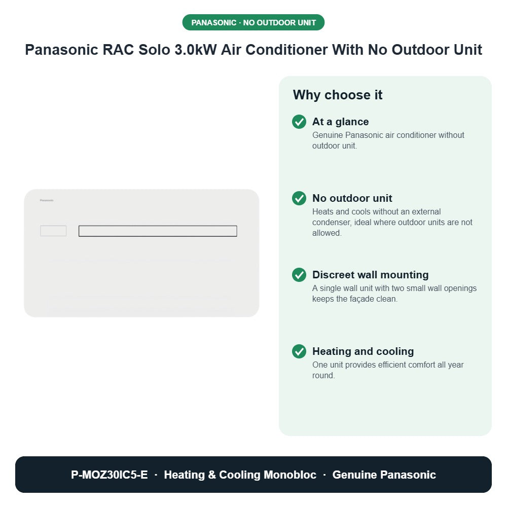 Panasonic RAC Solo 3.0kW Air Conditioner With No Outdoor Unit – P-MOZ30IC5-E key benefits