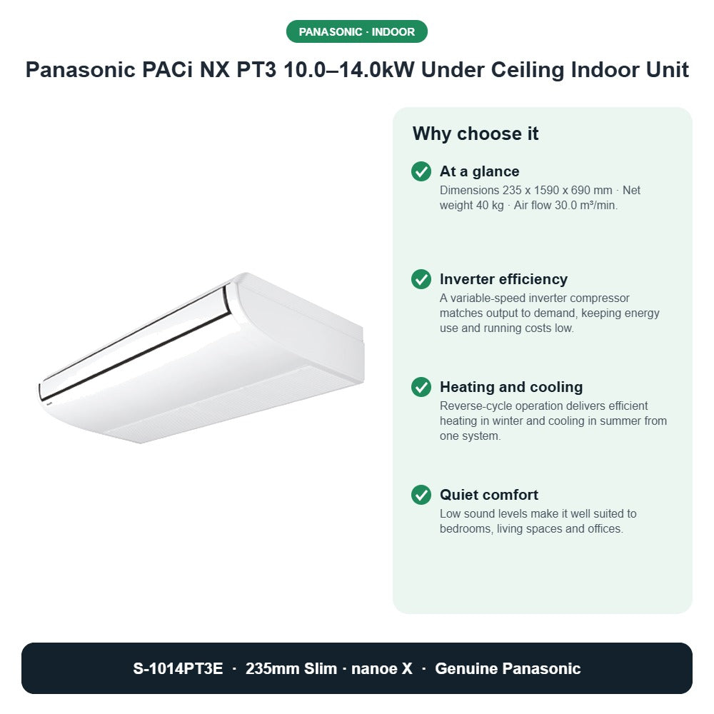 Panasonic PACi NX PT3 10.0–14.0kW Under Ceiling Indoor Unit – S-1014PT3E key benefits