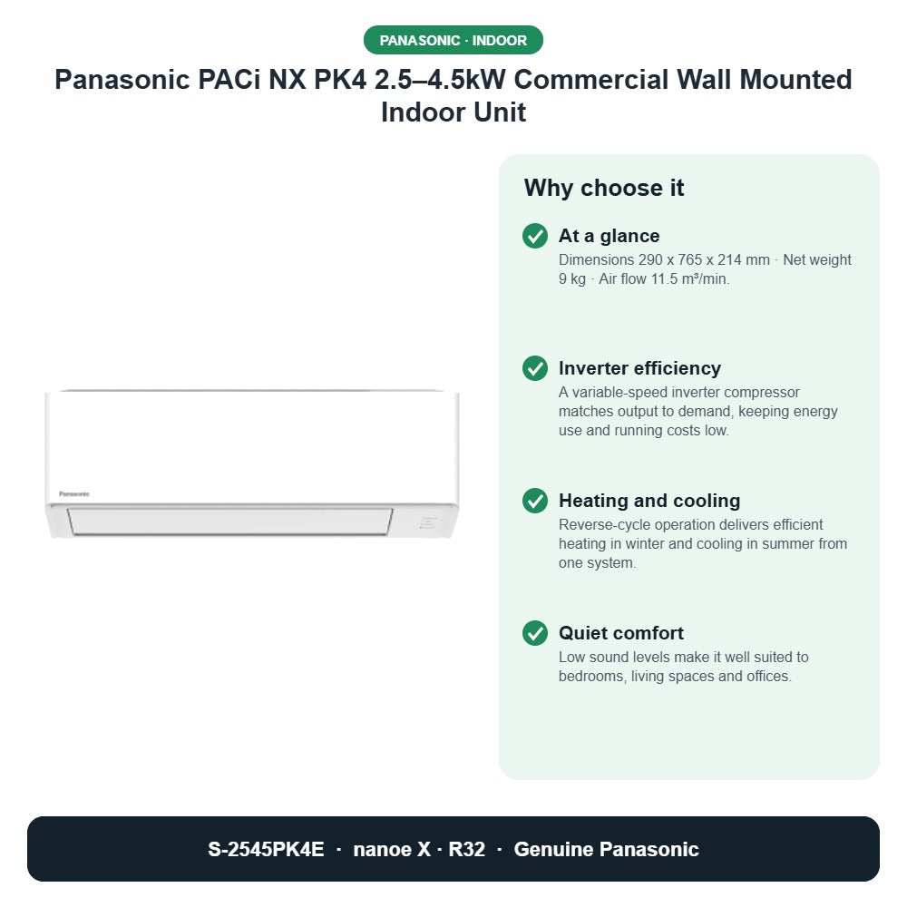 Panasonic PACi NX PK4 2.5–4.5kW Commercial Wall Mounted Indoor Unit – S-2545PK4E key benefits