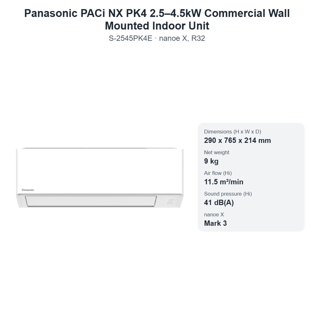 Panasonic S-2545PK4E PACi NX PK4 2.5–4.5kW Commercial Wall Mounted Indoor Unit – nanoe X, R32