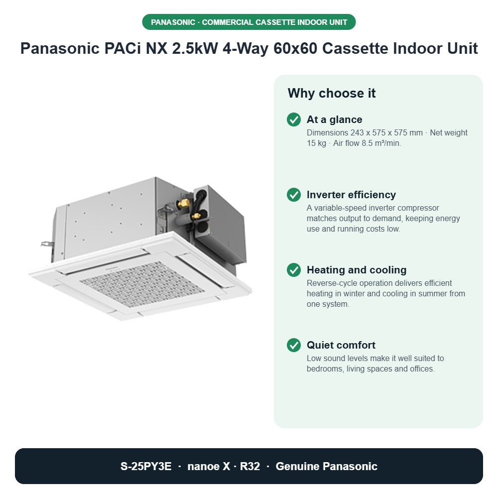 Panasonic PACi NX 2.5kW 4-Way 60x60 Cassette Indoor Unit – S-25PY3E key benefits