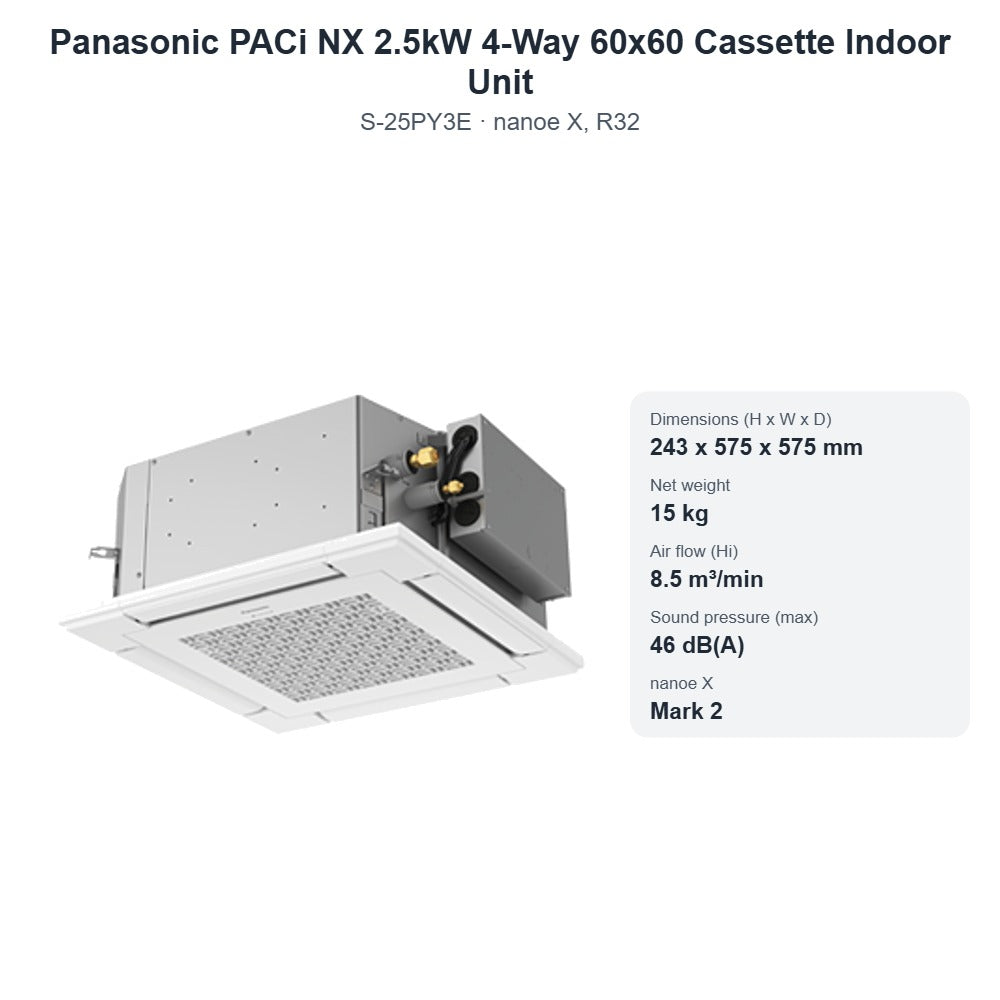 Panasonic S-25PY3E PACi NX 2.5kW 4-Way 60x60 Cassette Indoor Unit – nanoe X, R32