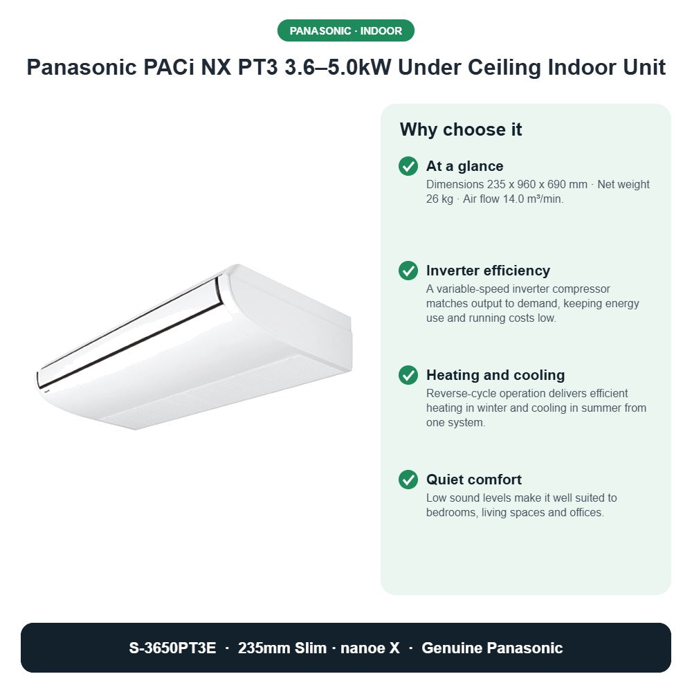 Panasonic PACi NX PT3 3.6–5.0kW Under Ceiling Indoor Unit – S-3650PT3E key benefits