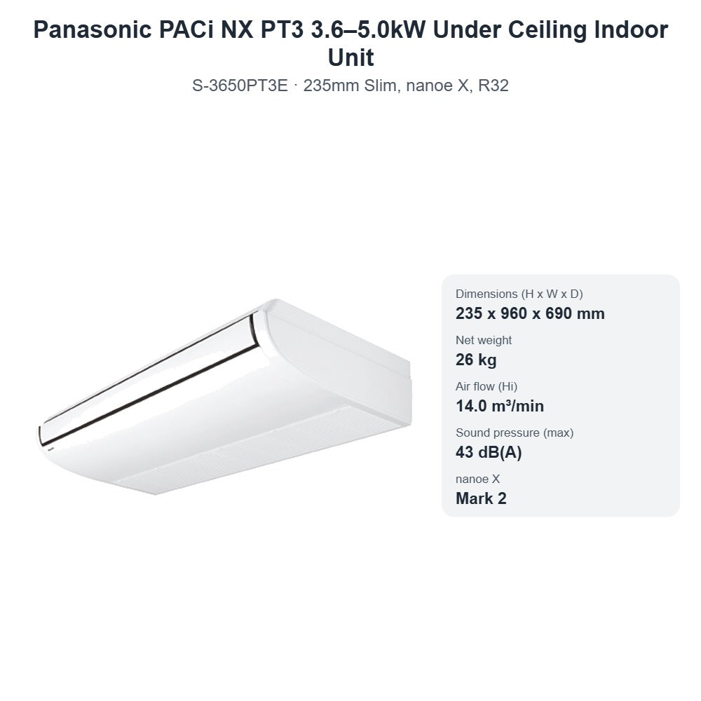 Panasonic S-3650PT3E PACi NX PT3 3.6–5.0kW Under Ceiling Indoor Unit – 235mm Slim, nanoe X, R32